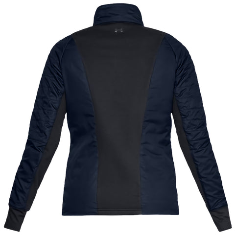 A dark navy jacket features a fitted design with a high collar and long sleeves showcasing a mix of smooth and quilted fabrics suitable for outdoor wear in cool weather.