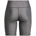 A pair of fitted, high-waisted athletic shorts with a textured gray fabric are displayed from the back showcasing their sleek design and stitching details against a plain background.