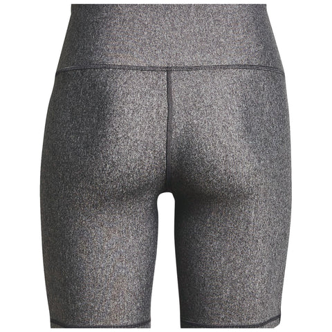A pair of fitted, high-waisted athletic shorts with a textured gray fabric are displayed from the back showcasing their sleek design and stitching details against a plain background.