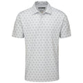 A short-sleeved polo shirt features a geometric print with a light background and darker diagonal lines creating a pattern its collar and button placket are visible at the top