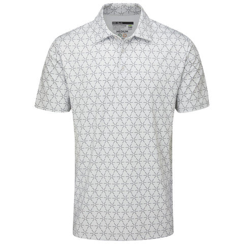 A short-sleeved polo shirt features a geometric print with a light background and darker diagonal lines creating a pattern its collar and button placket are visible at the top