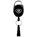 A retractable badge holder features a circular black case with a white logo attached to a keyring and strap that allows for easy access and attachment.