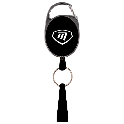 A retractable badge holder features a circular black case with a white logo attached to a keyring and strap that allows for easy access and attachment.