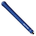 A golf club grip with a textured blue surface is positioned at an angle showcasing its tapering design and brand name Golf Pride near the top in white lettering.