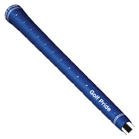 A golf club grip with a textured blue surface is positioned at an angle showcasing its tapering design and brand name Golf Pride near the top in white lettering.