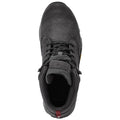 A black hiking shoe rests upright showcasing its padded tongue and laces it features a textured surface and a logo on the insole suitable for outdoor activities.