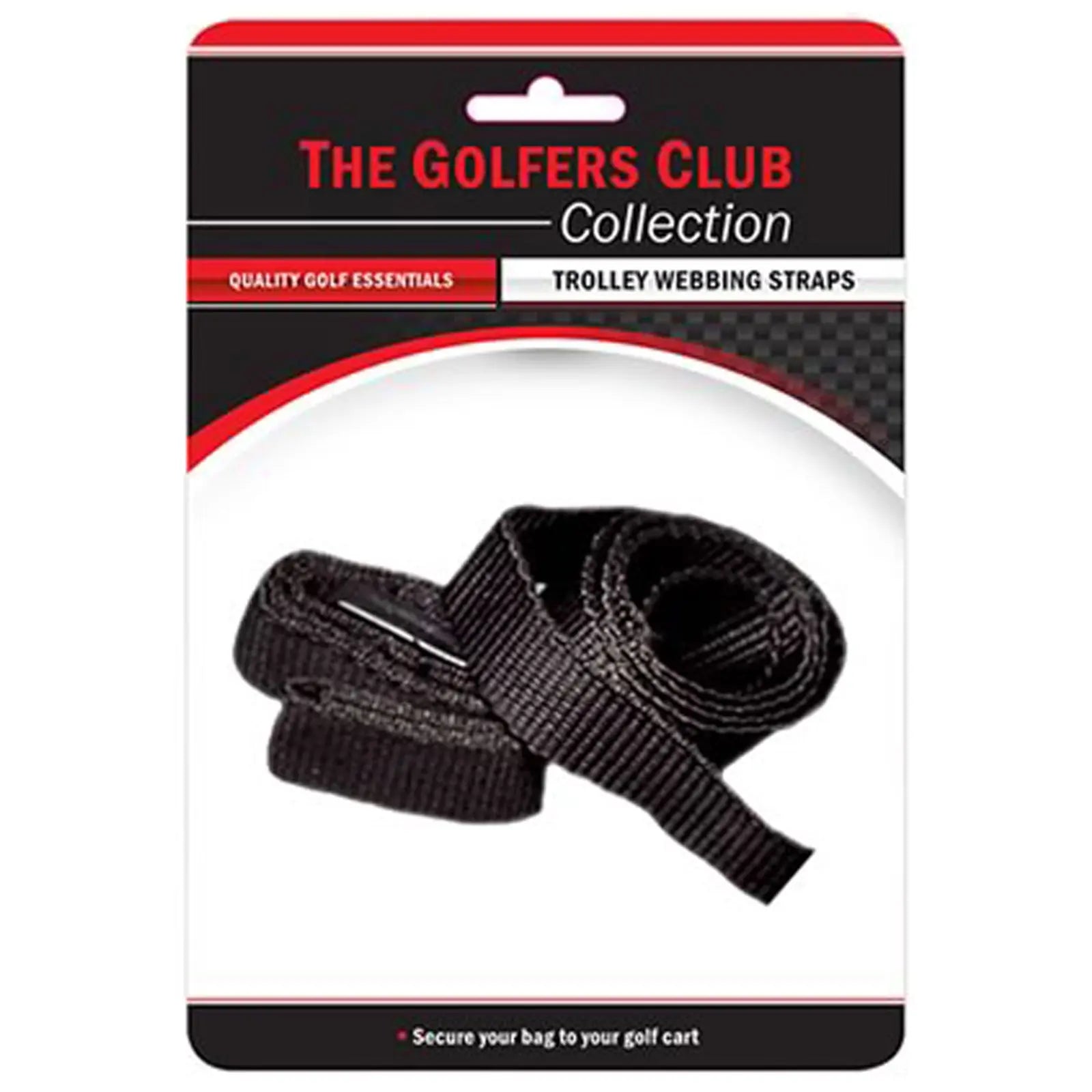 Black webbing straps are coiled on a display card featuring product branding and a description. The context suggests they are intended for securing golf bags to trolleys or carts. The card reads "THE GOLFERS CLUB Collection QUALITY GOLF ESSENTIALS TROLLEY WEBBING STRAPS" and "Secure your bag to your golf cart."