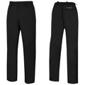 Black pants are displayed standing upright showing a buttoned front and an elastic waistband the fabric appears smooth and suitable for casual or formal wear. The rear features a logo.