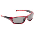 Red sunglasses with dark lenses rest at an angle showing their sleek design and curved frames while the background is a plain white surface highlighting their sporty appearance.