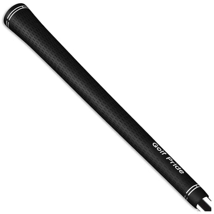 A black golf grip with textured surface is positioned diagonally showcasing its length and design features such as white accents and the brand name Golf Pride on the side.