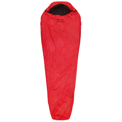 A bright red sleeping bag lies flat with a black interior visible at the top indicating it's designed for outdoor use providing warmth and comfort in camping scenarios.