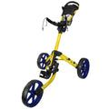 A yellow and blue golf push cart stands upright with three large wheels The cart's frame is designed for easy mobility and features a handle for pushing in golf course settings