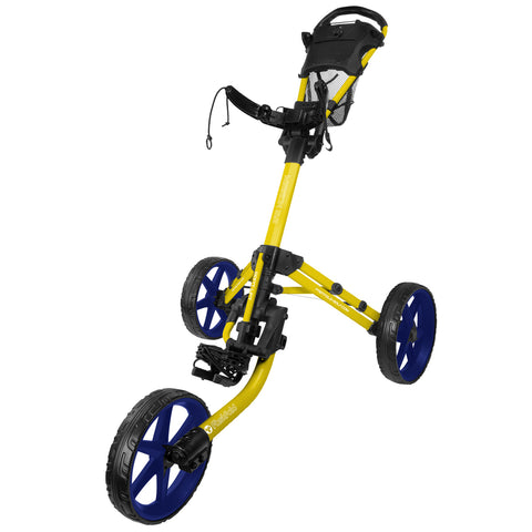 A yellow and blue golf push cart stands upright with three large wheels The cart's frame is designed for easy mobility and features a handle for pushing in golf course settings