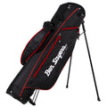 A black and red golf bag stands upright on retractable legs showcasing its sleek design and compartments for holding golf clubs and accessories in a neutral setting.