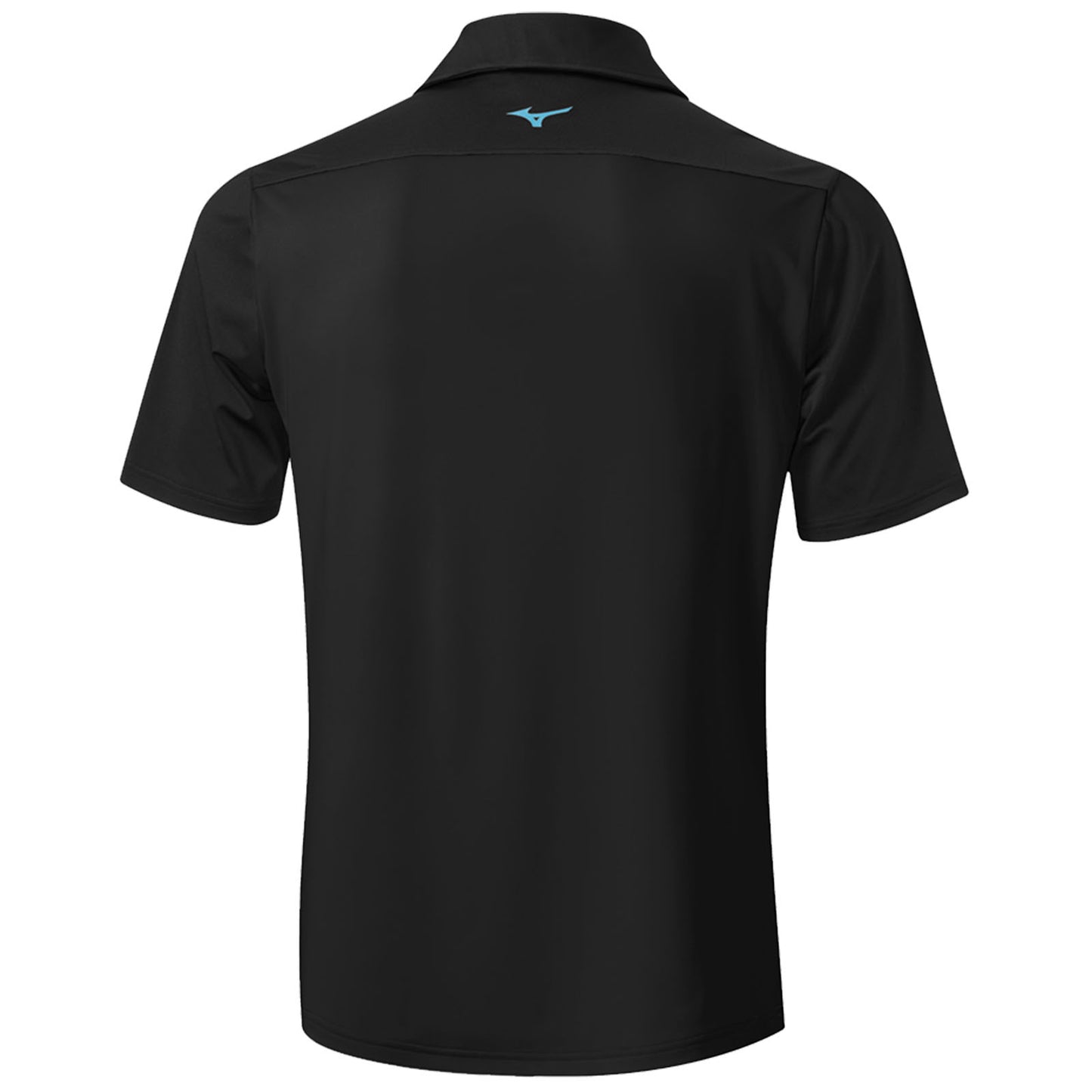A black polo shirt is displayed showcasing its back view with a light blue logo near the collar and short sleeves, emphasizing a simple yet sporty design suitable for casual wear.