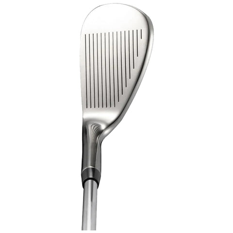 A golf club is positioned upright showcasing its angled face with grooves reflecting light its sleek metallic surface contrasts against a plain white background indicating a focus on the club design