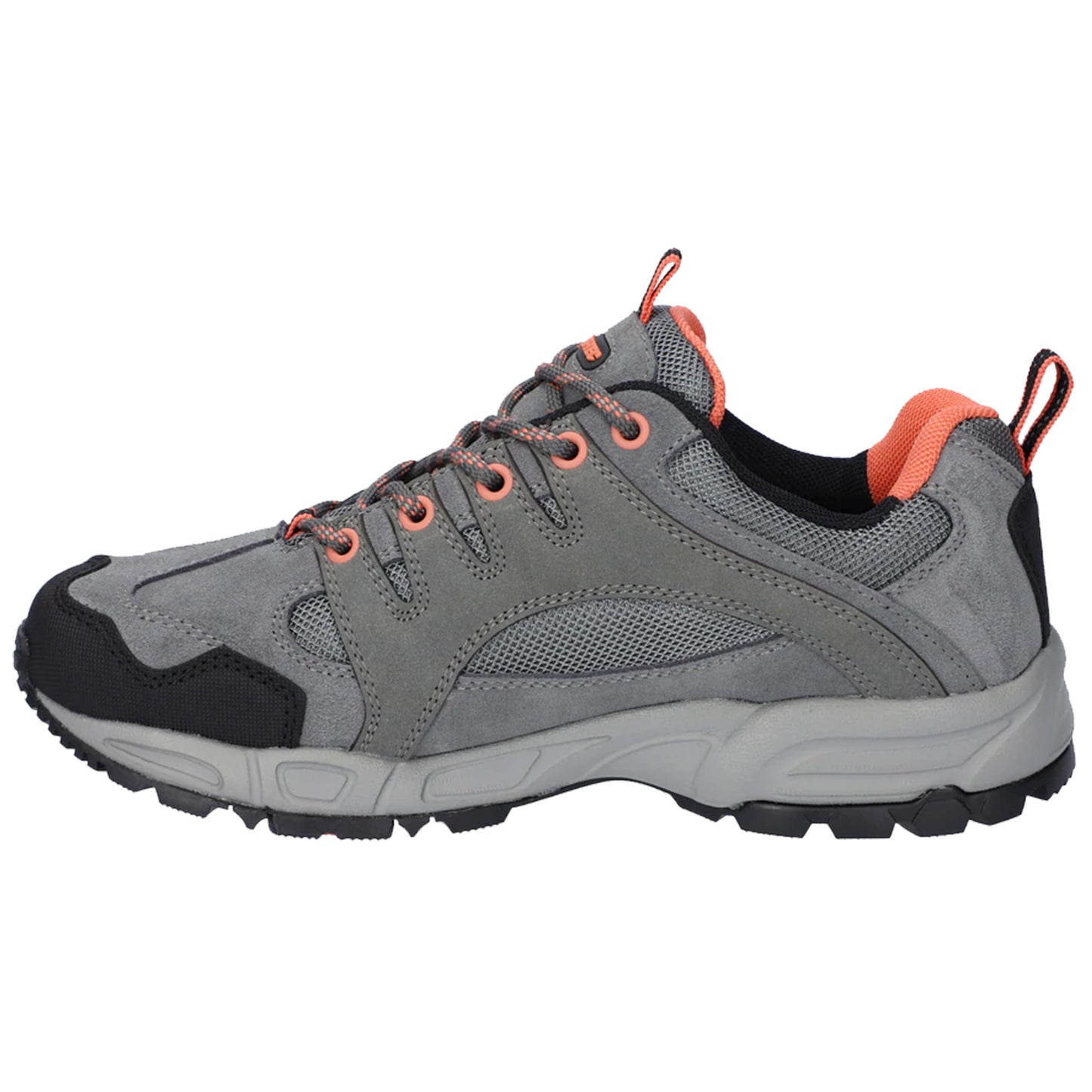 A gray athletic shoe features a mesh and suede upper with orange accents and black detailing. The shoe is designed for comfort and durability in outdoor activities.
