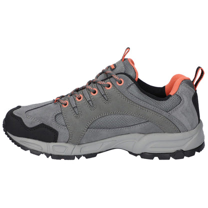 A gray athletic shoe features a mesh and suede upper with orange accents and black detailing. The shoe is designed for comfort and durability in outdoor activities.