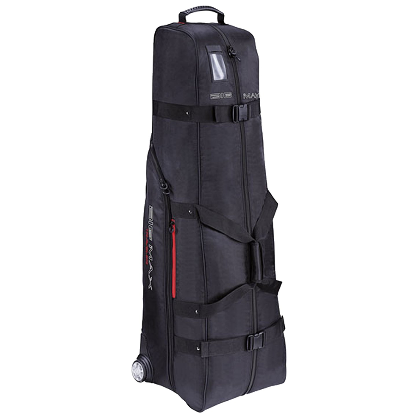 A tall black wheeled bag stands upright with various compartments and straps it is designed for transporting gear in a durable fabric suitable for travel and outdoor activities.