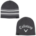 A gray knitted beanie is displayed from two angles one showing horizontal white stripes the other featuring the brand name Callaway in white against the gray background.