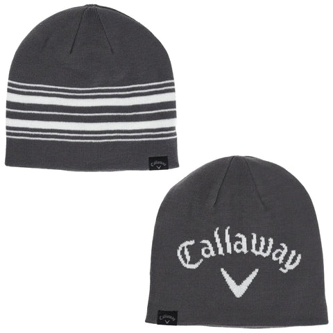 A gray knitted beanie is displayed from two angles one showing horizontal white stripes the other featuring the brand name Callaway in white against the gray background.