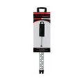 A golf accessory with a black handle and an aluminum shaft features holes for grip. It is designed for collecting golf balls and includes a label detailing its specifications and uses.