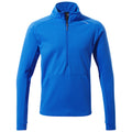 A blue pullover fleece top with a quarter zip and a front pocket is displayed on a white background representing casual outdoor apparel suitable for cooler weather.