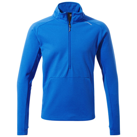 A blue pullover fleece top with a quarter zip and a front pocket is displayed on a white background representing casual outdoor apparel suitable for cooler weather.