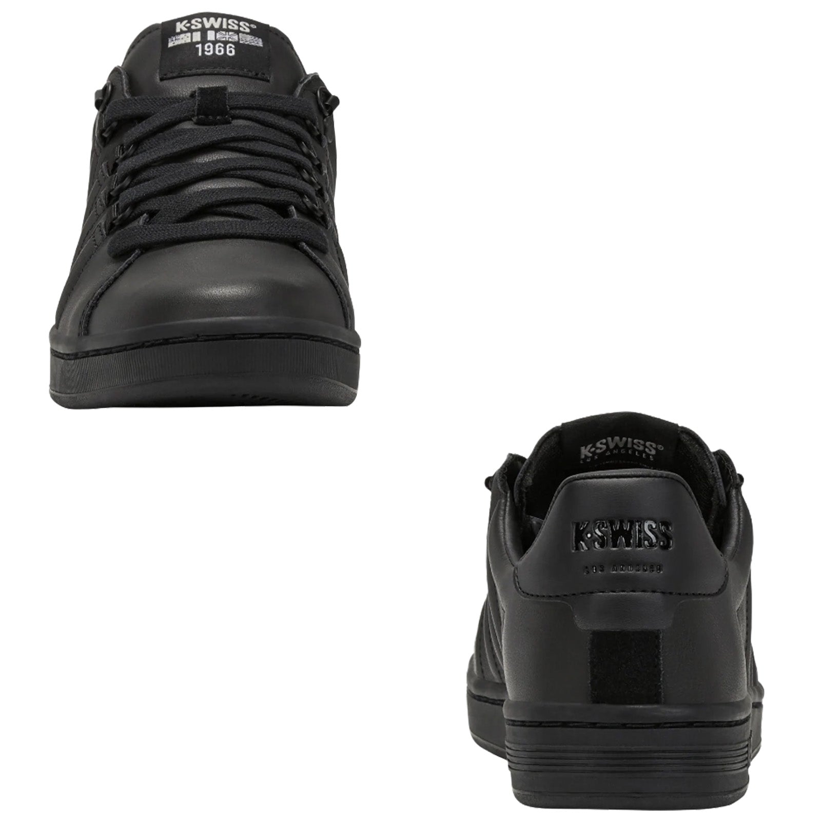 Black athletic shoes are displayed from the front and back sides The shoes feature a smooth leather exterior laced up and branded at the heel and tongue with K-Swiss 1966