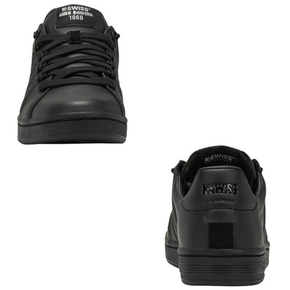 Black athletic shoes are displayed from the front and back sides The shoes feature a smooth leather exterior laced up and branded at the heel and tongue with K-Swiss 1966