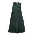 A dark green microfiber towel hangs from a metal clip showcasing its soft texture and elongated shape designed for drying or cleaning in various settings such as kitchens or gyms.