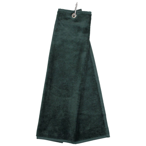 A dark green microfiber towel hangs from a metal clip showcasing its soft texture and elongated shape designed for drying or cleaning in various settings such as kitchens or gyms.