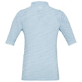 A light blue athletic shirt features short sleeves and a collar with a textured design and ventilation holes on the back providing breathability for active wear in warm conditions.