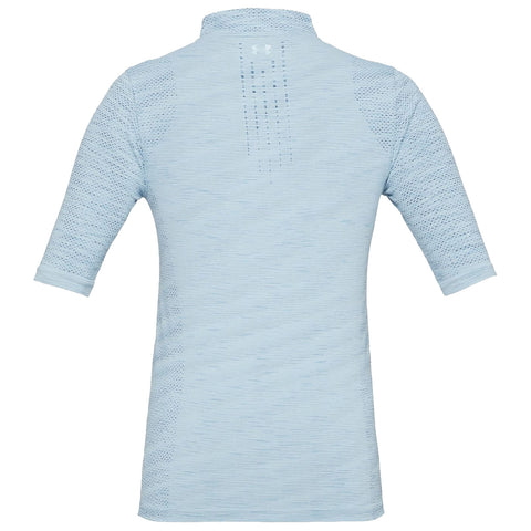 A light blue athletic shirt features short sleeves and a collar with a textured design and ventilation holes on the back providing breathability for active wear in warm conditions.