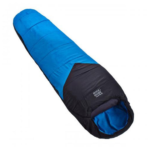 A sleeping bag is displayed lying flat with a blue top and black bottom featuring a rounded opening at one end and the brand logo visible on the fabric.