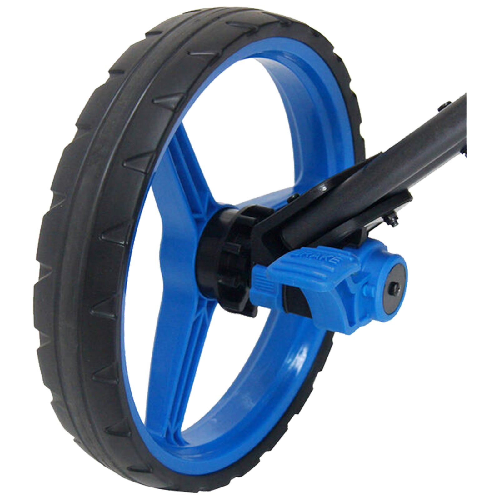 A blue wheel with a black tire is mounted on a frame with a brake lever attached to it sitting on a white background. The wheel has a spoked design.