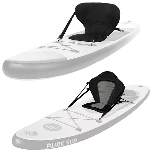 A kayak with a detachable seat is displayed. The seat is secured with straps and designed for comfort. The kayak features a sleek and modern design suitable for water activities.