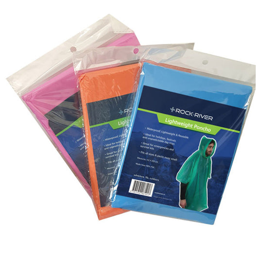 Three lightweight ponchos in pink, orange, and blue are packaged in plastic. The blue poncho features a person wearing it, highlighting its waterproof and reusable qualities.