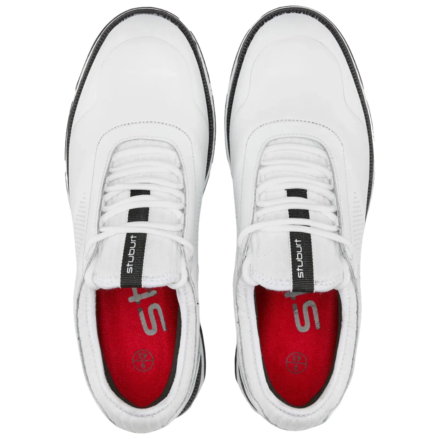 Two white sneakers are displayed from above with black accents laces and a red interior showing. The context suggests a focus on modern athletic footwear design emphasizing clean lines and simplicity.