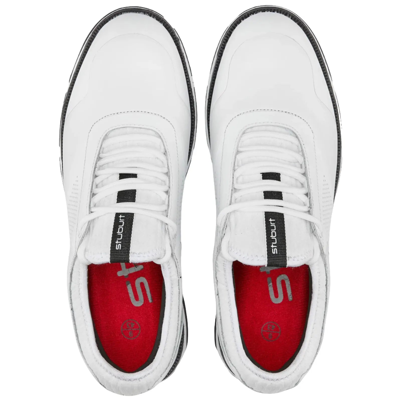 Two white sneakers are displayed from above with black accents laces and a red interior showing. The context suggests a focus on modern athletic footwear design emphasizing clean lines and simplicity.
