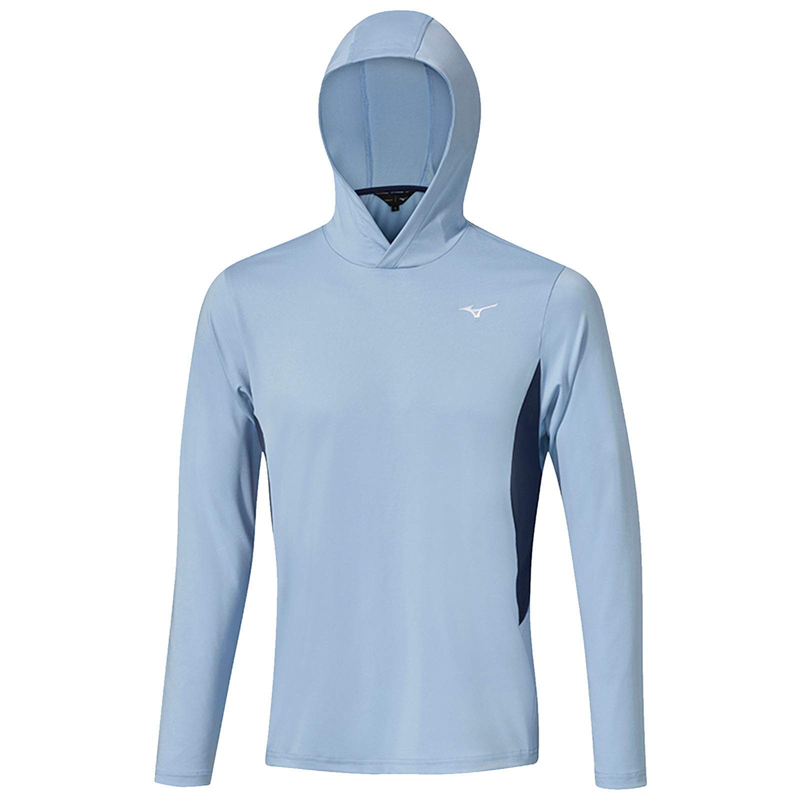 A light blue long-sleeve hooded shirt stands upright showcasing its smooth fabric and athletic design featuring a logo on the chest and contrasting dark panel on the side.