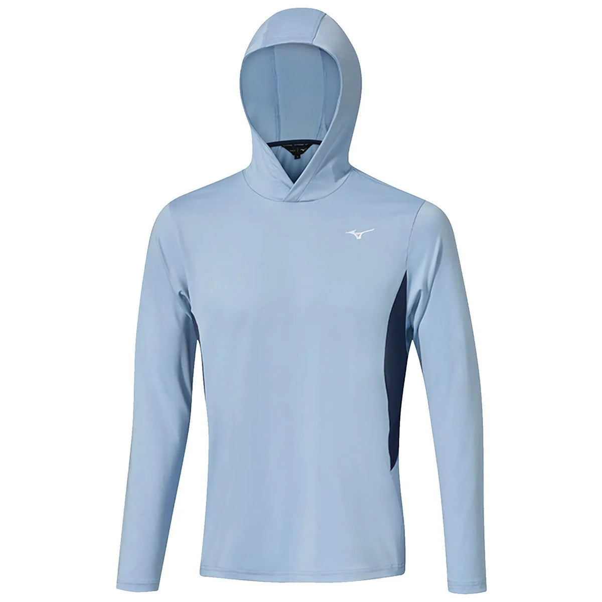 A light blue long-sleeve hooded shirt stands upright showcasing its smooth fabric and athletic design featuring a logo on the chest and contrasting dark panel on the side.
