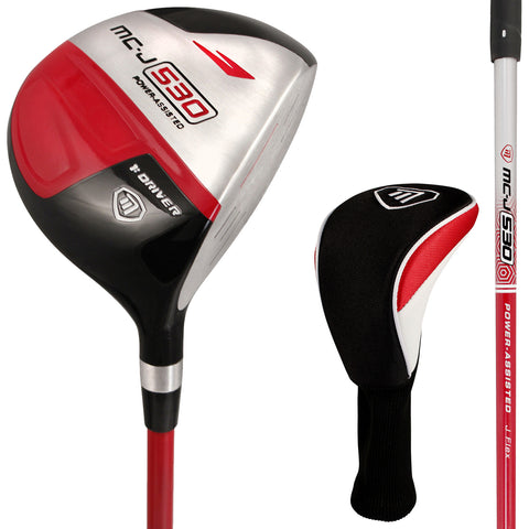 A golf driver is positioned on the left with a shiny silver and red head labeled MC-J S30 power-assisted next to a black and red headcover revealing part of the shaft.