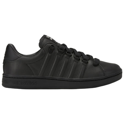 Black athletic shoe with a sleek design features multiple horizontal stripes and laces on the upper part positioned against a plain white background