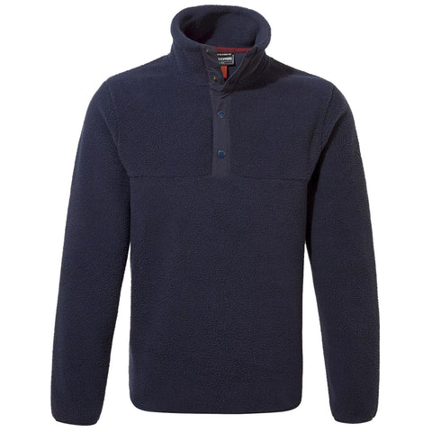 A dark navy fleece pullover is displayed with a high collar and a buttoned front. It appears soft and warm suitable for casual or outdoor wear.