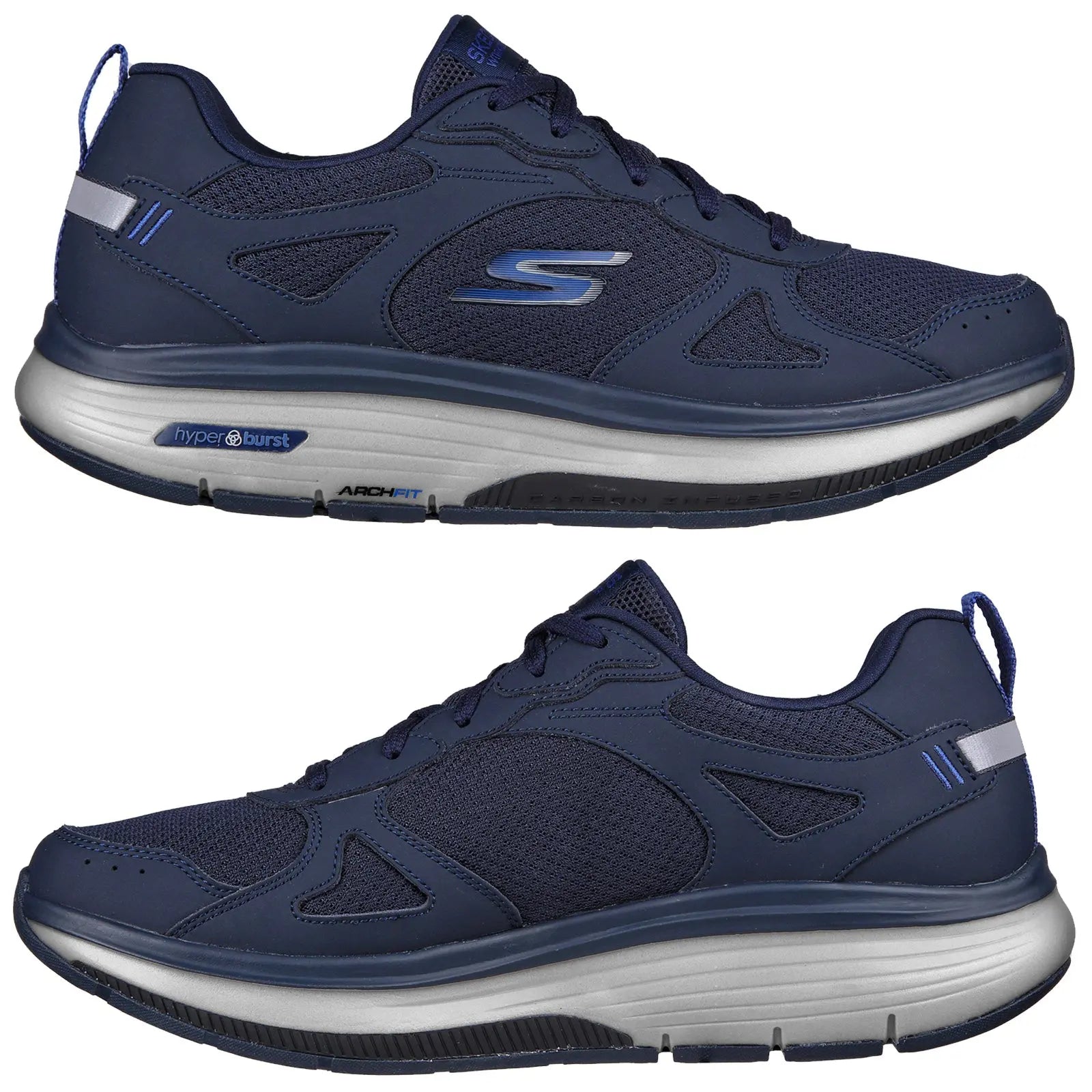 Navy athletic shoes with mesh panels feature a sleek design and thick cushioned sole labeled hyperburst and archfit positioned against a plain background suitable for showcasing footwear.