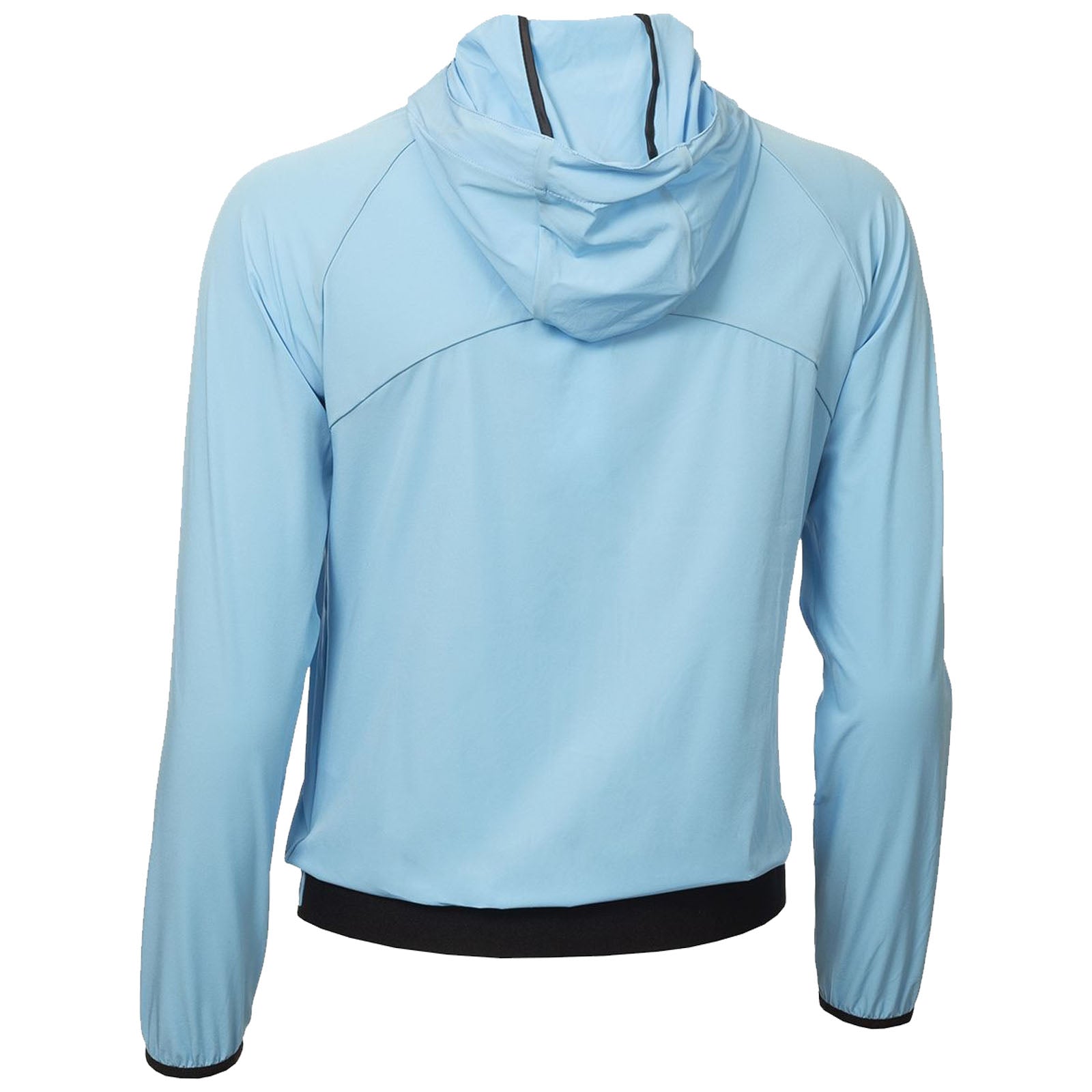 A light blue jacket features a hood and long sleeves with a black hem at the bottom in a neutral background likely intended for showcasing the clothing item.