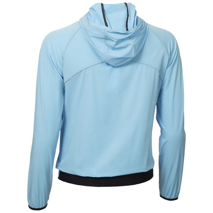 A light blue jacket features a hood and long sleeves with a black hem at the bottom in a neutral background likely intended for showcasing the clothing item.