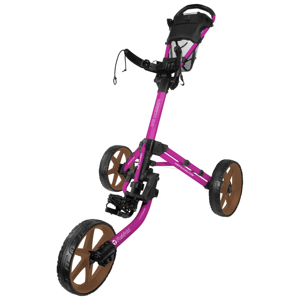 A pink golf pushcart with three wheels is positioned upright. The front wheels are brown. It features a mesh storage area and handles for easy maneuvering on a golf course.