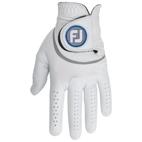 A white golf glove is laid flat with a feature for better grip and ventilation visible on the palm. The context suggests it is designed for use in golfing activities.